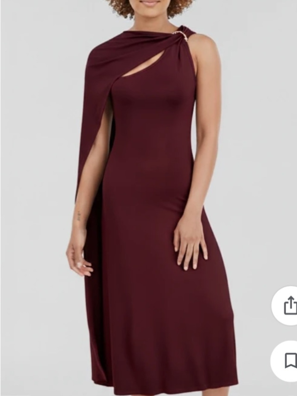 Cider One-Shoulder Midi Dress in Burgundy with Draped Cape